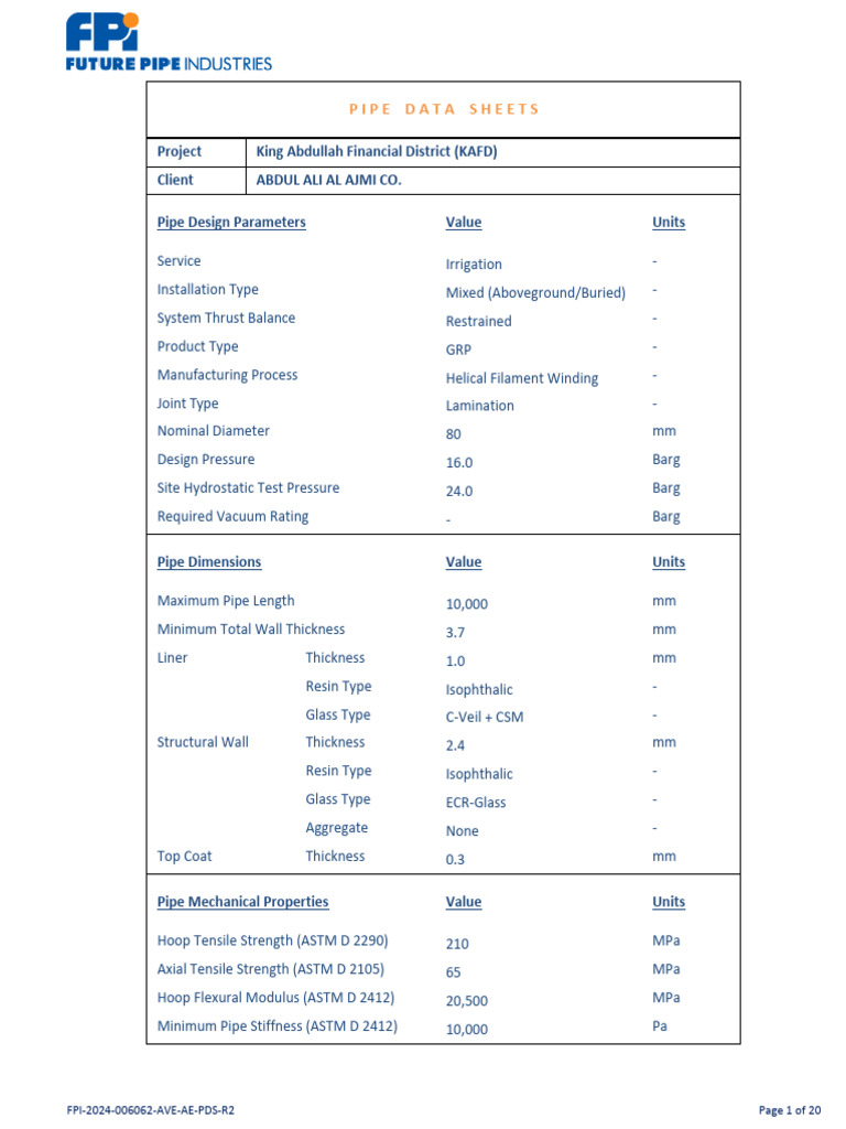 GRP Pipe Mechanical Properties Data | PDF | Fiberglass | Pipe (Fluid ...