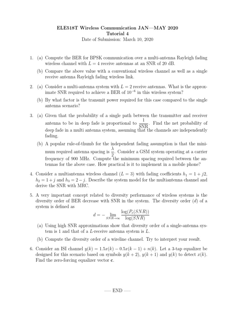 ELE518T_Tut4_janMay2020 | PDF | Antenna (Radio) | Signal To Noise Ratio