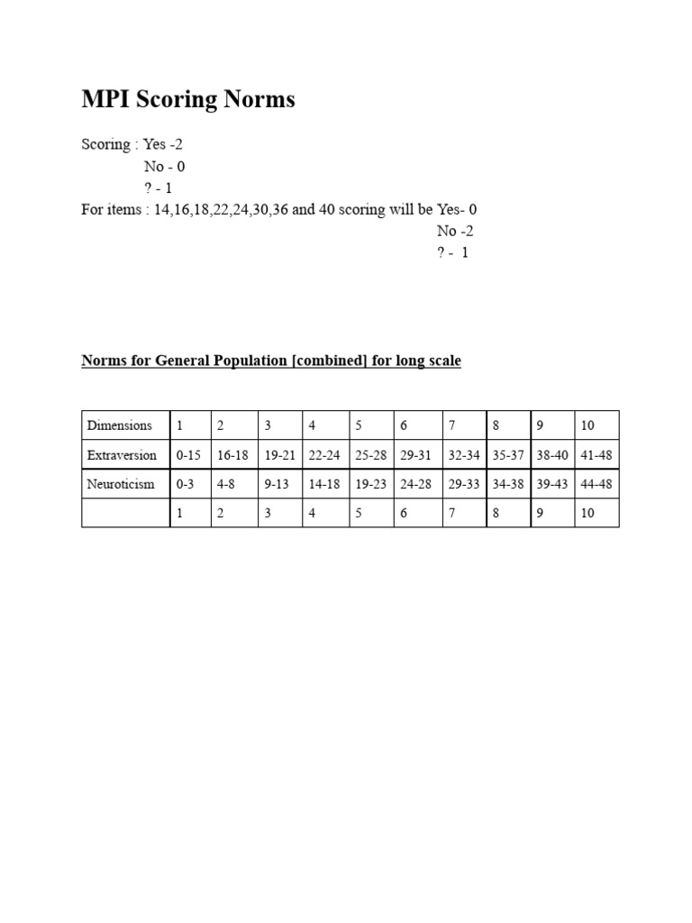 MPI Scoring Norms for Extraversion & Neuroticism | PDF
