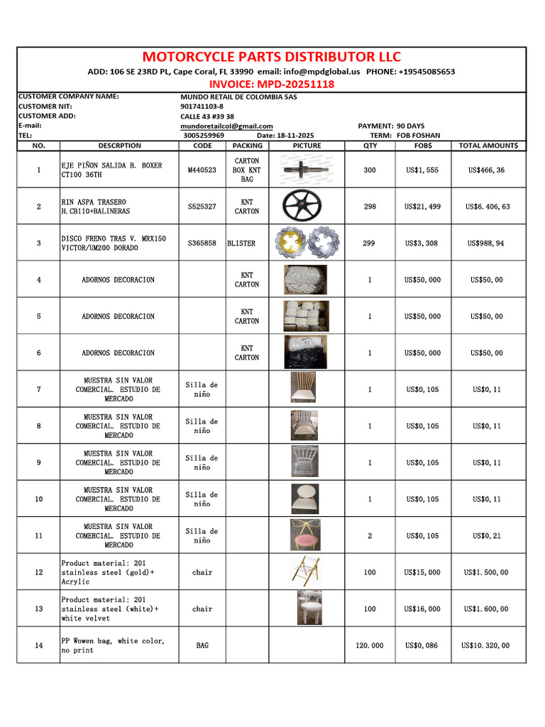 20251211 Invoice Repuestos Sillas Decor Sacos (2) | PDF
