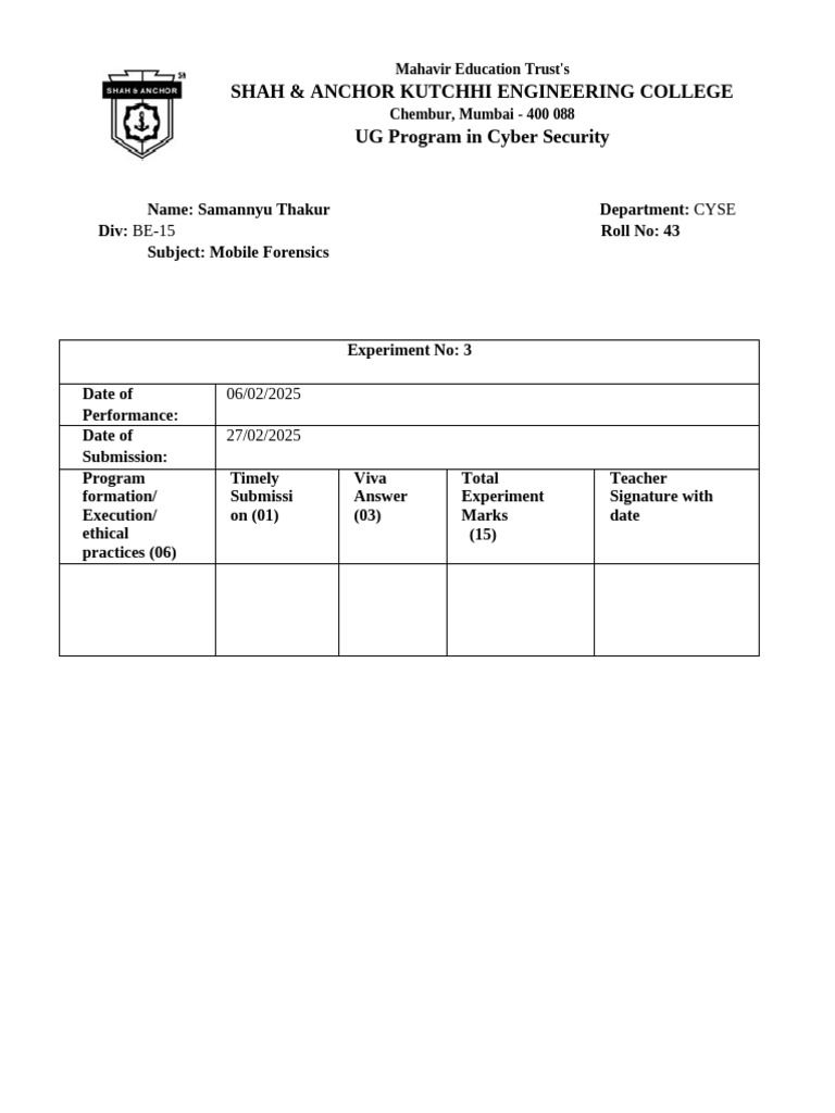 MFL EXP 3 Samannyu | PDF | Computer File | Digital Forensics