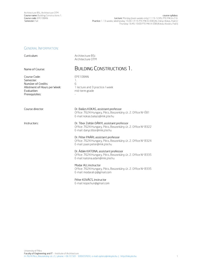 Building Constructions 1 Course Syllabus | PDF | Drawing | Knowledge