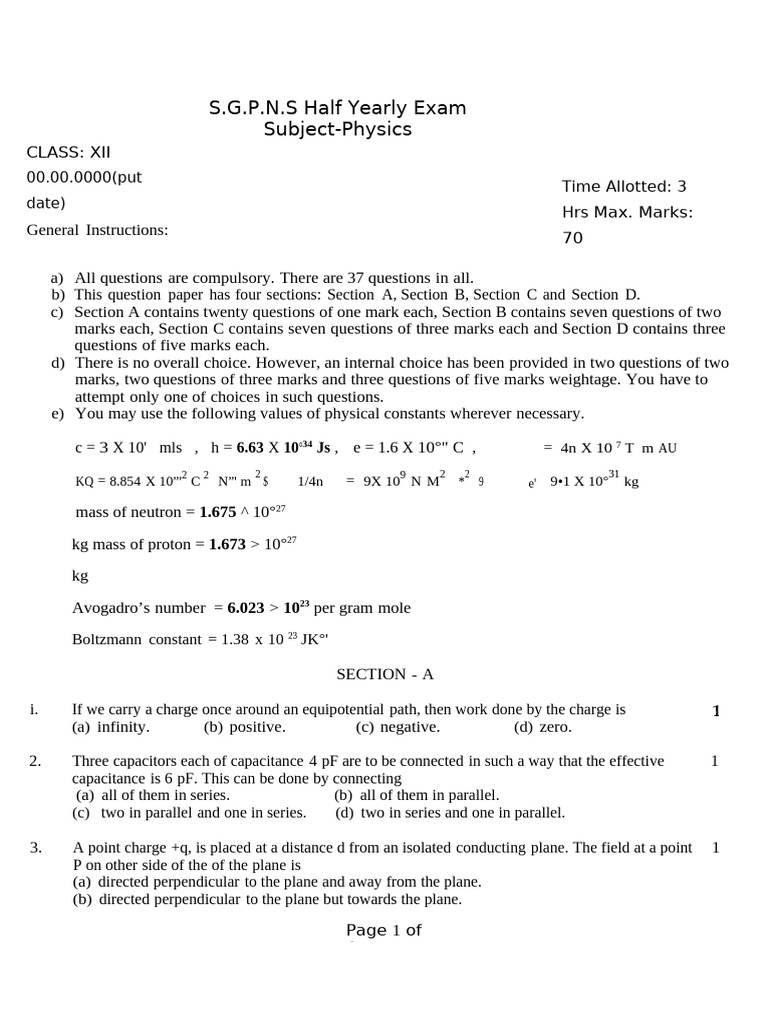 Class XII Physics Half Yearly Exam Paper | PDF | Magnetic Field ...