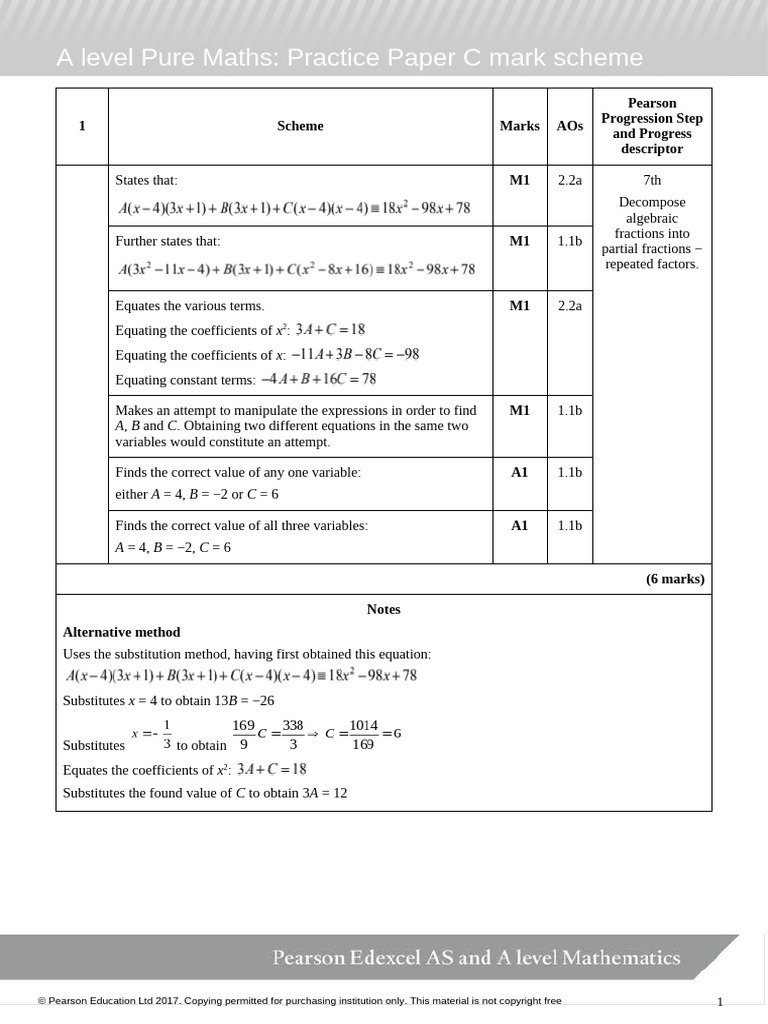 A Level Pure Maths Practice Paper C Mark Scheme | PDF | Equations ...