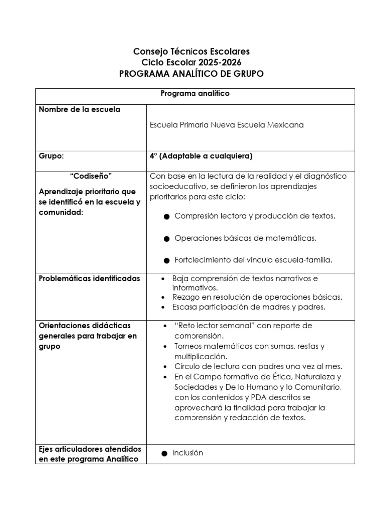 Programa Analítico 4° Primaria 2025-2026 | PDF | Escuelas | Aprendizaje