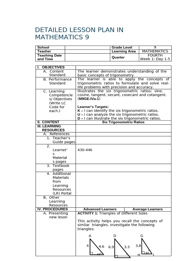 Trigonometry Lesson Plan for Grade 9 | PDF | Trigonometric Functions ...