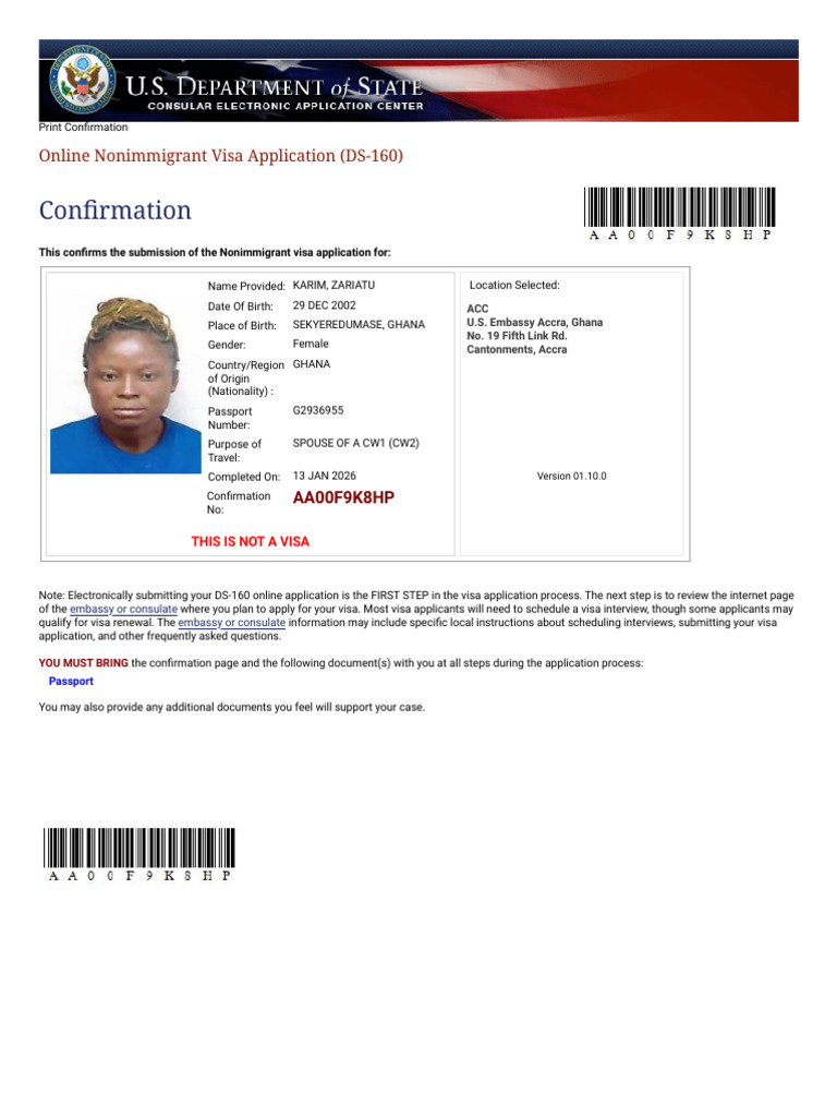 DS-160 Visa Application Confirmation | PDF | Travel Visa | Fingerprint