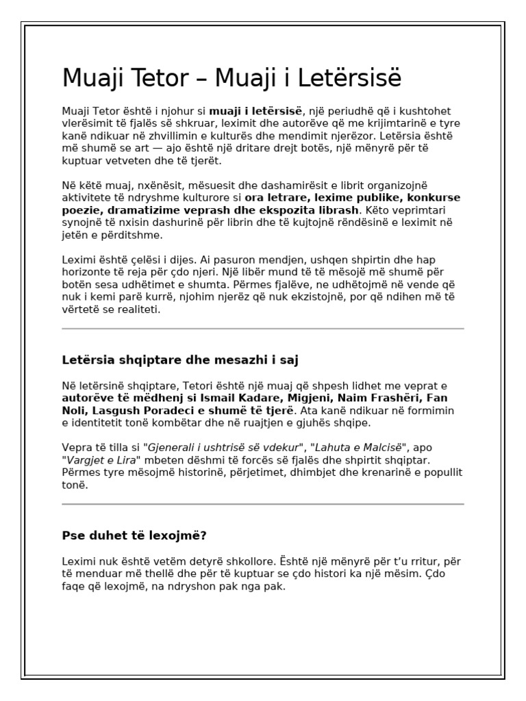 Muaji Tetor-Muaji I Letersise | PDF