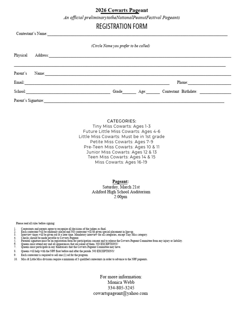 2026 Cowarts Pageant Registration Form | PDF | Chess | Chess Theory