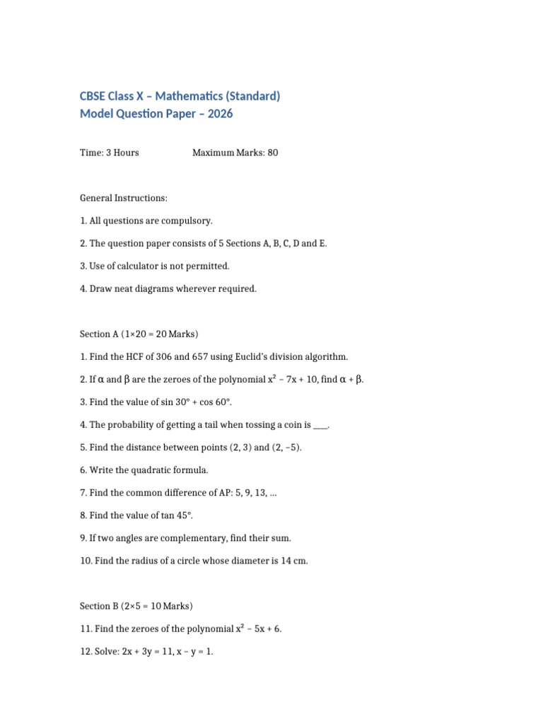 CBSE Class X Math Model Paper 2026 | PDF