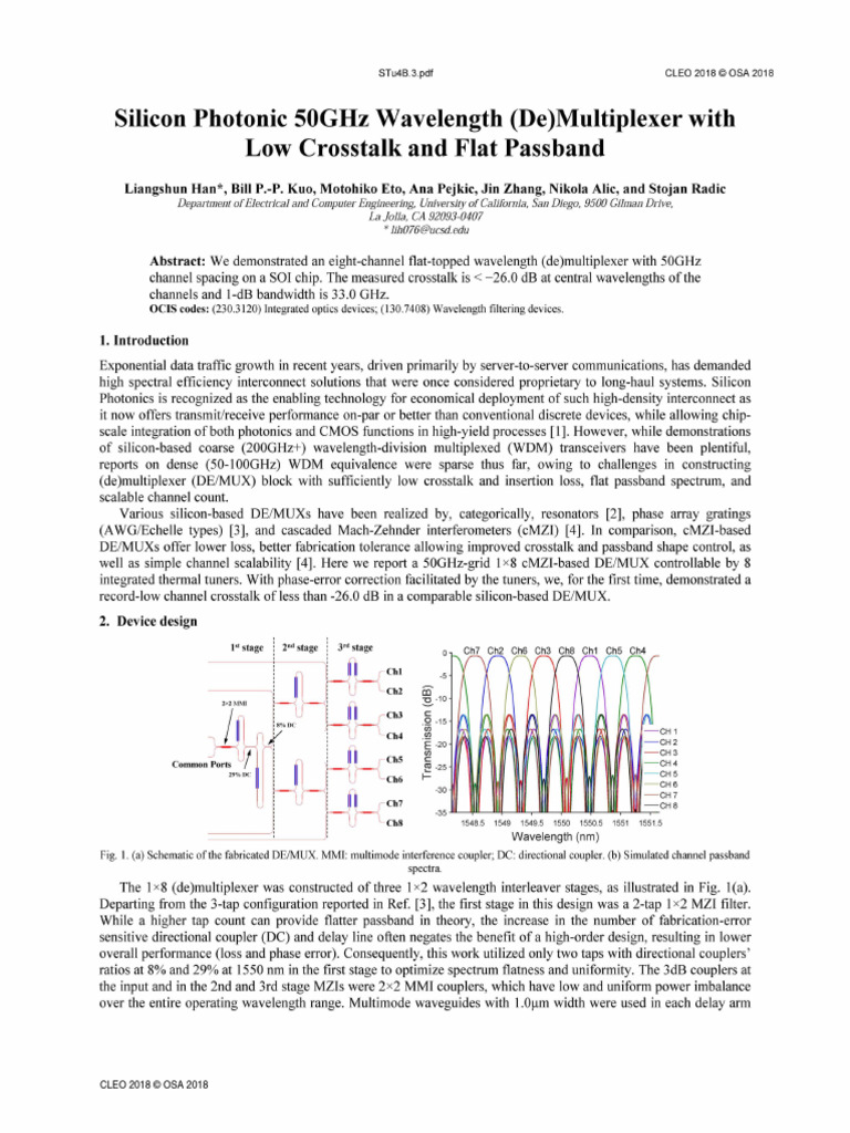 Silicon Photonic 50GHz Wavelength DeMultiplexer With Low Crosstalk and ...