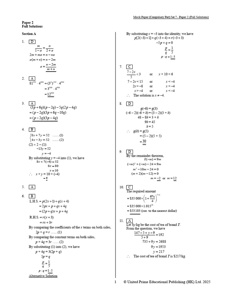 Mock Paper 2 Full Solutions Set 7 | PDF | Mathematics | Elementary ...