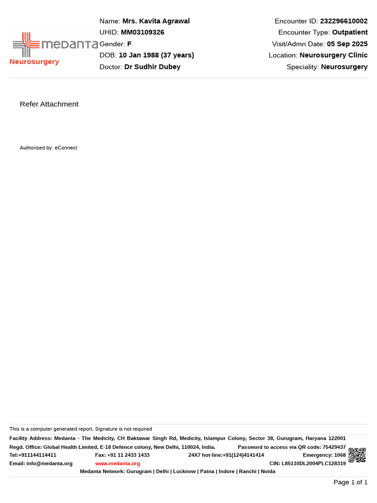 Outpatient Neurosurgery Report for Kavita Agrawal | PDF