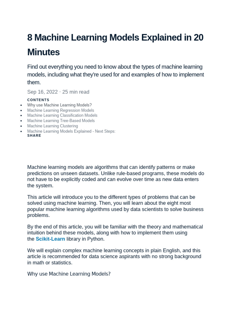 8 Machine Learning Models Overview | PDF | Machine Learning | Mean ...