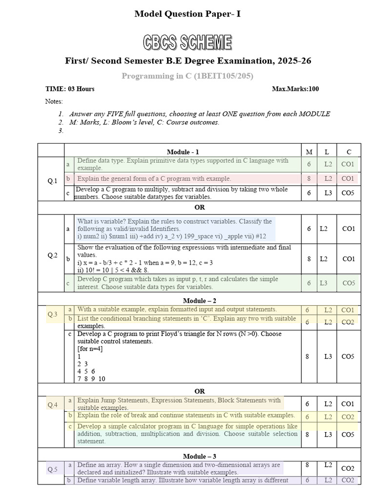 C Programming Model Question Paper | PDF | Computer Program | Programming