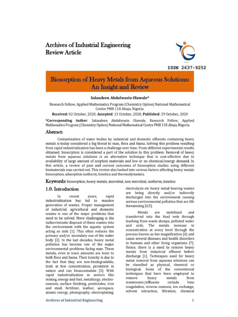 12biosorption of Heavy Metals From Aqueous Solutions An Insight and ...