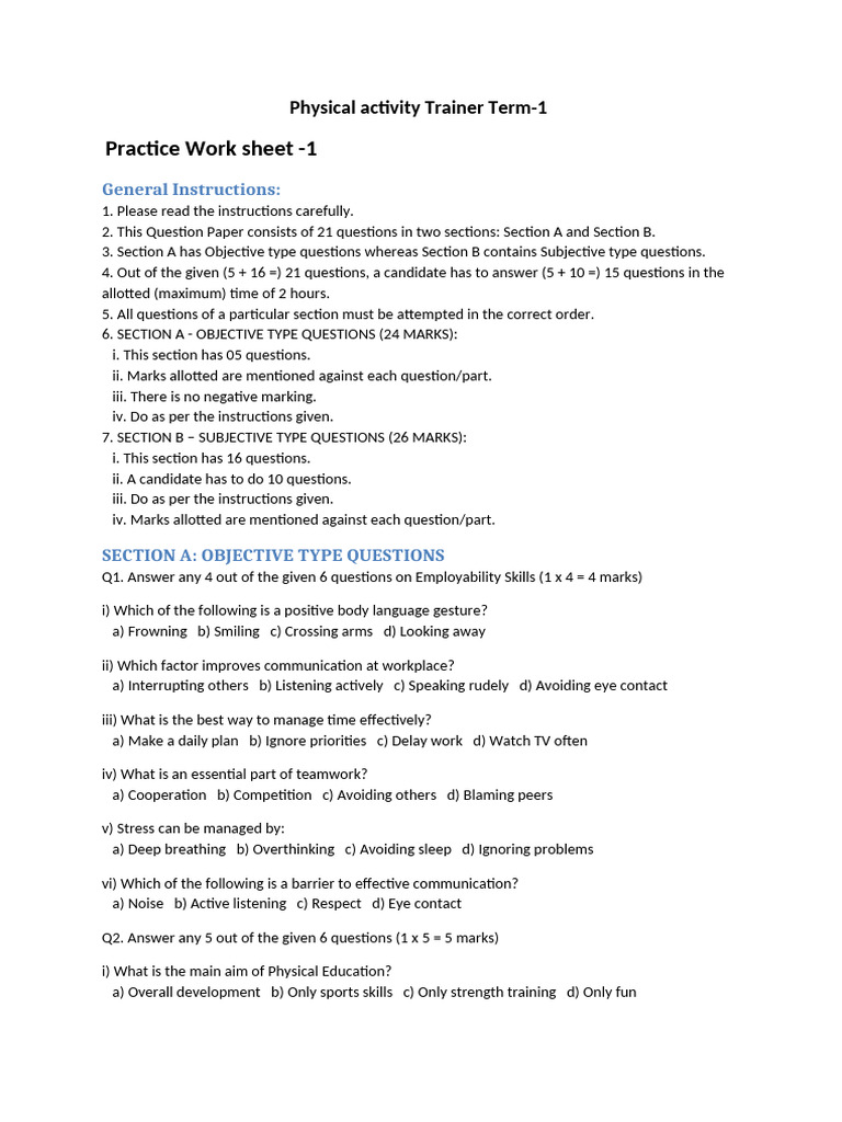 Physical Activity Trainer Term-1 Worksheet | PDF | Flexibility (Anatomy ...
