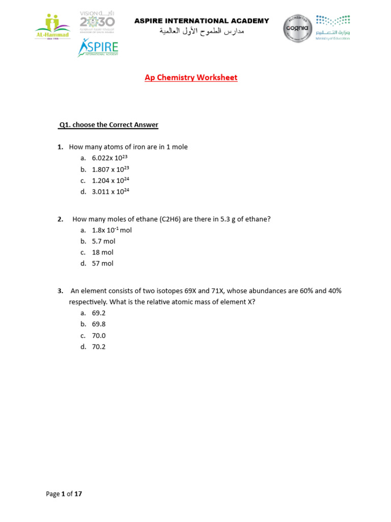 AP Chemistry Practice Worksheet | PDF | Chemical Bond | Atoms