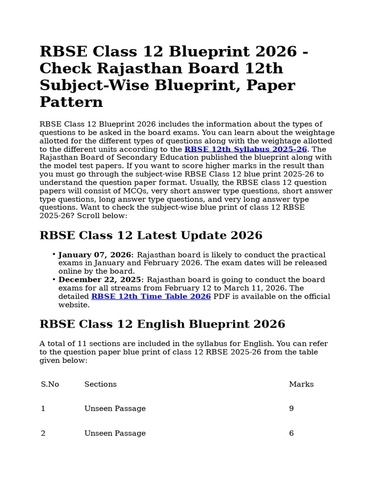 RBSE Class 12 Blueprint 2026 Overview | PDF | Multiple Choice