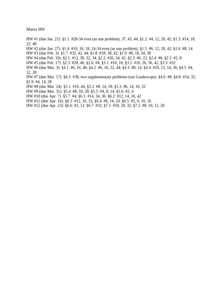 Matrix Homework Assignments Overview | PDF