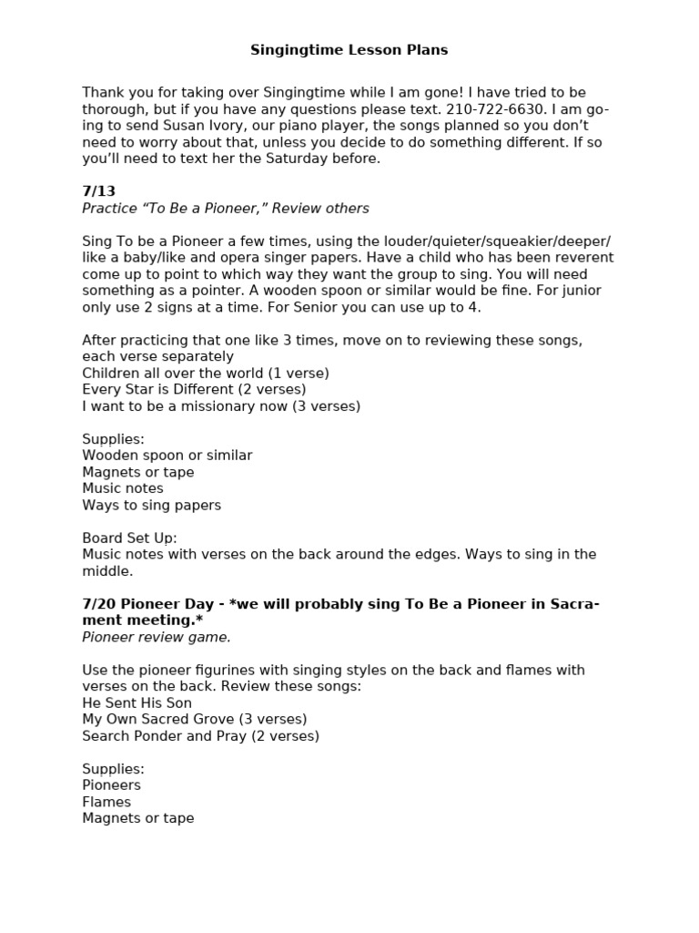 Singingtime Lesson Plans Overview | PDF