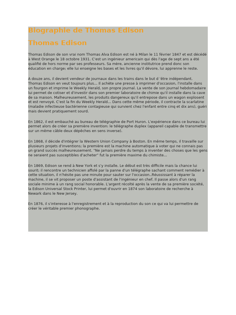 Biographie de Thomas Edison, inventeur clé | PDF | Thomas Edison