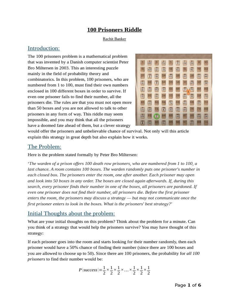 100 Prisoners Riddle - QE Enigma Article by Rachit Banker | PDF ...