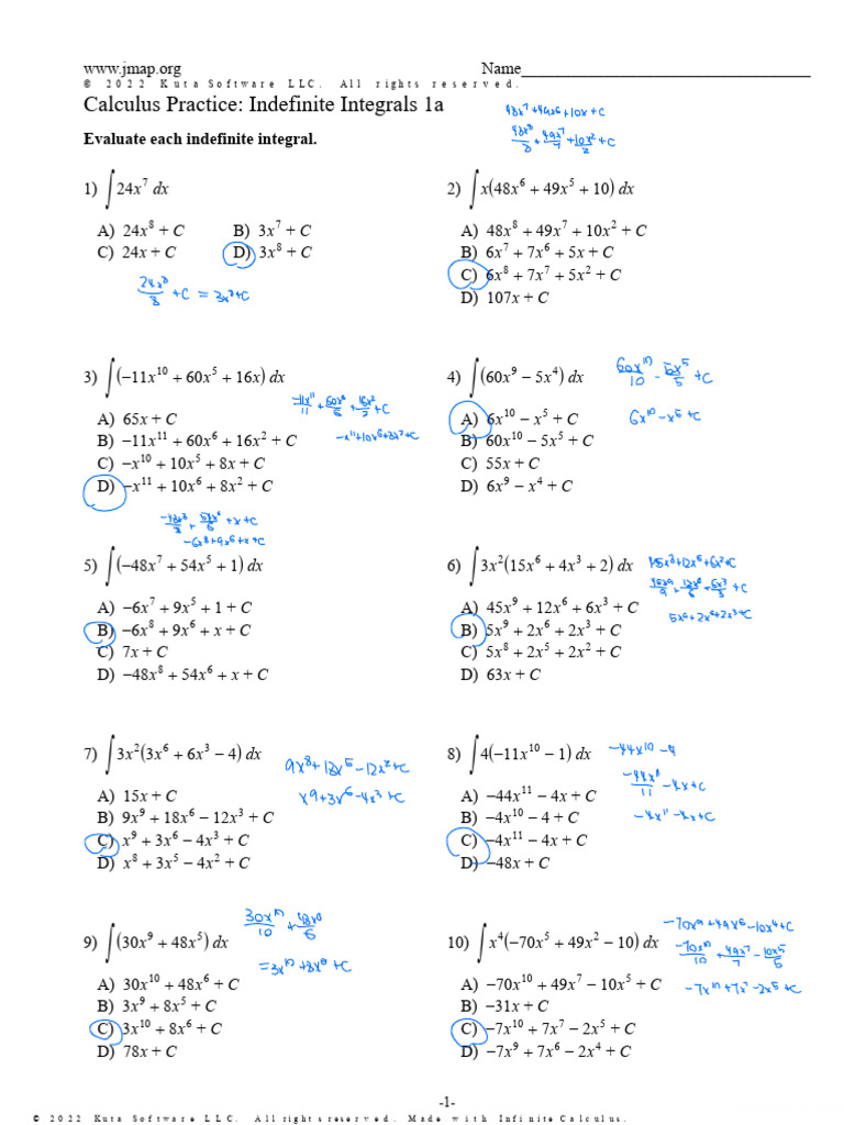 Calculus Indefinite Integrals Worksheet | PDF | Analysis | Mathematics