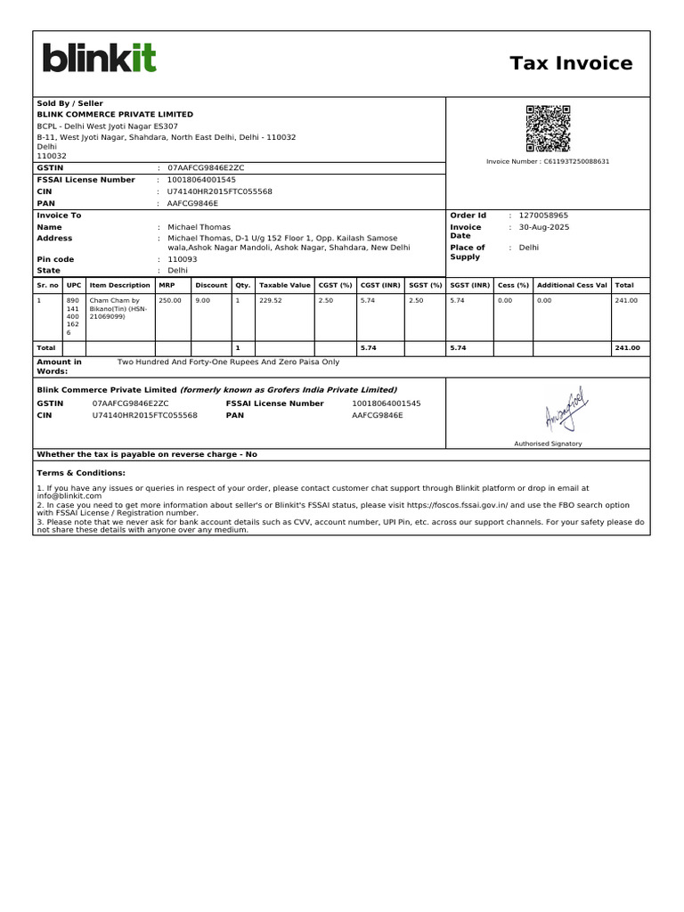 Tax Invoice from Blink Commerce Pvt Ltd | PDF | Invoice | Taxes