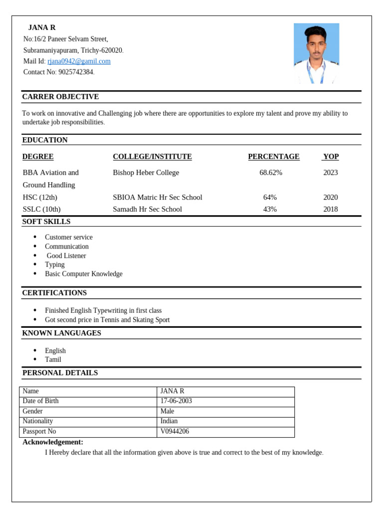 Resume of Jana R - BBA Aviation Graduate | PDF