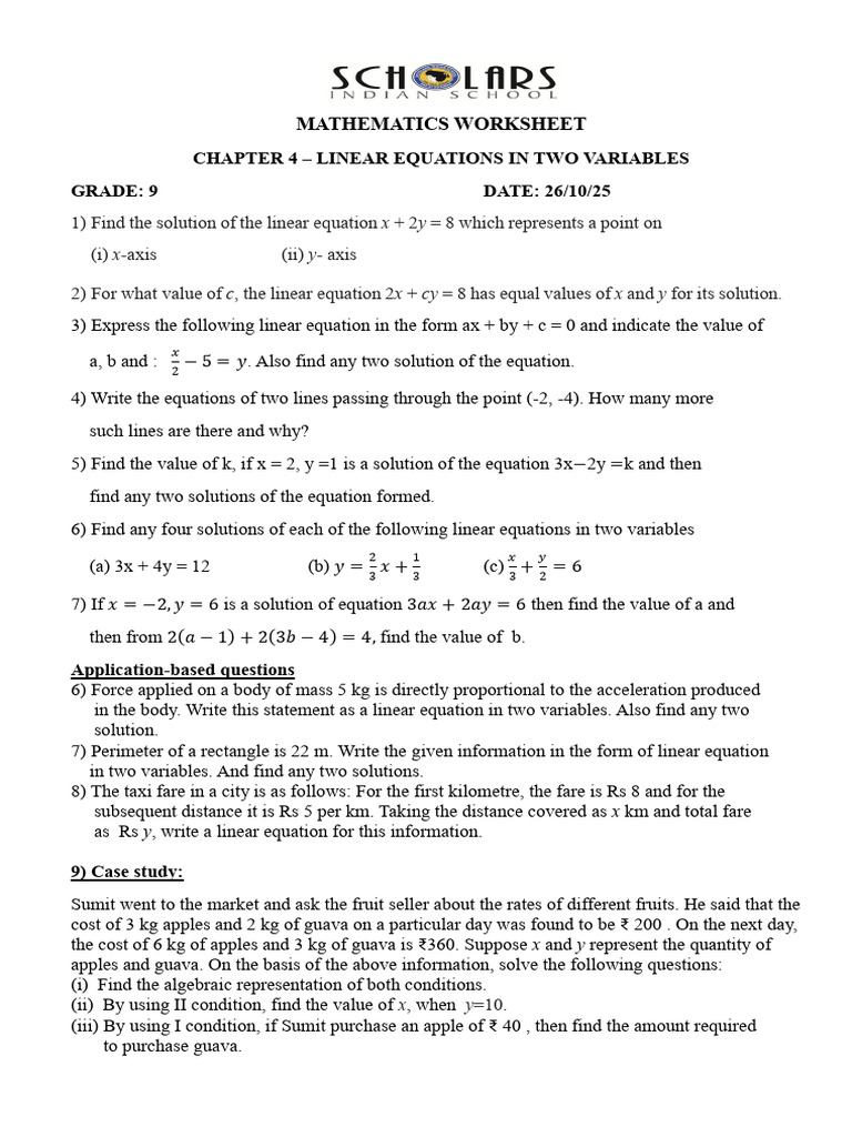 Grade 9 Linear Equations Worksheet | PDF | Equations | Cartesian ...