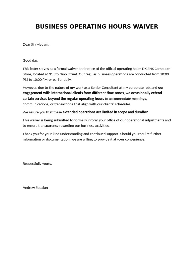 Business Operating Hours Waiver | PDF