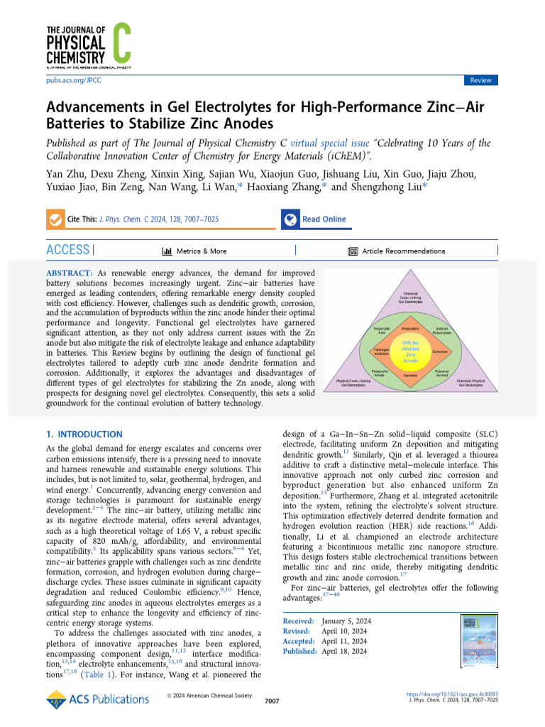Gel Electrolytes for Zinc−Air Batteries | PDF | Electrochemistry ...