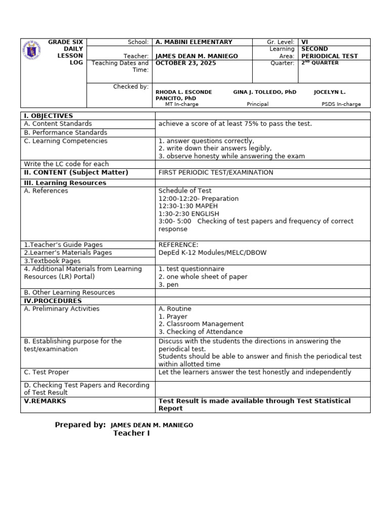 Dlp First Peeriodic Test | PDF | Teachers | Behavior Modification