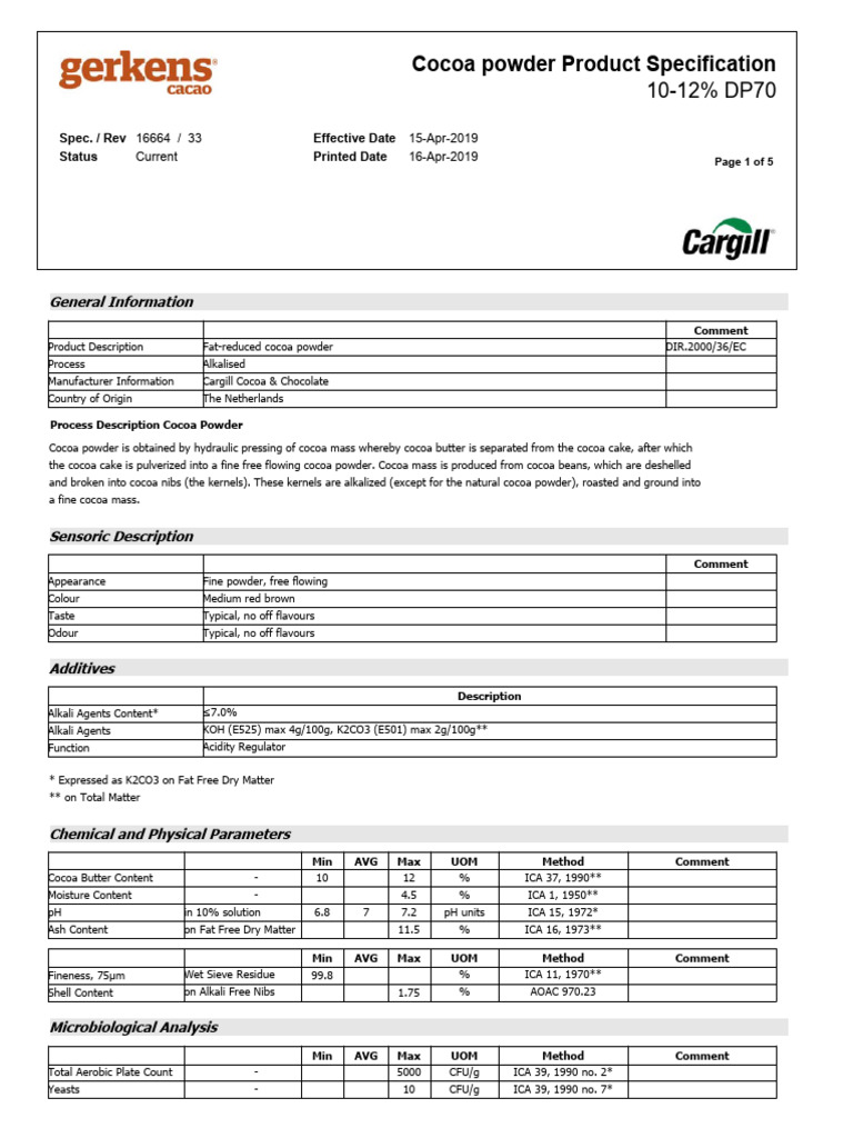 Cargill Cocoa Powder Specification DP70 | PDF | Nutrients | Sodium