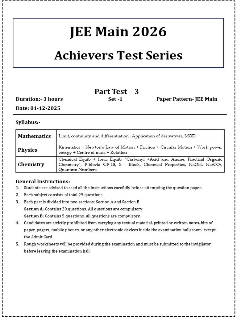 JEE Main 2026 Mathematics Test Paper | PDF | Force | Friction