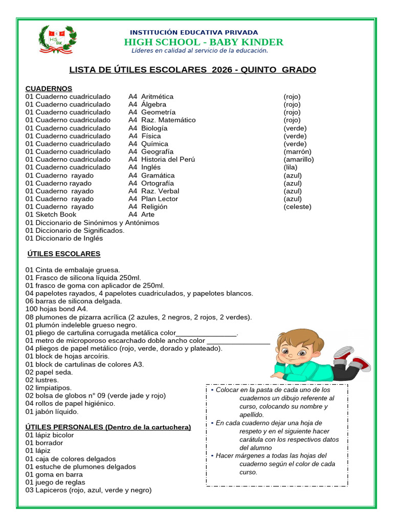 Lista de útiles escolares 2026 Quinto grado | PDF