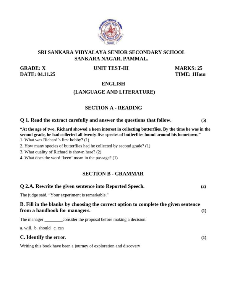 Grade X English Unit Test III 2025 | PDF | Poetry | Linguistics