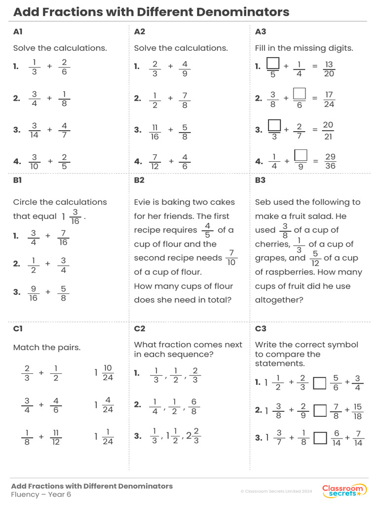 CS Year 6 Au B3 S4 Add Fractions With Different Denominators FM 2 | PDF ...