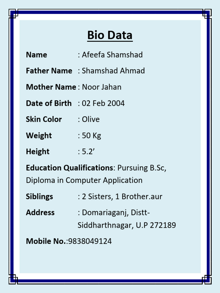 Afeefa Shamshad Bio Data Summary | PDF