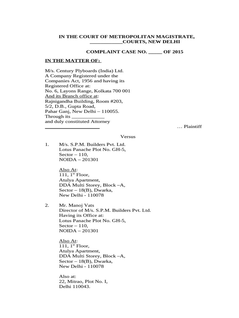 Delhi District Court- NIA 138 Complaint | PDF | Cheque | Common Law