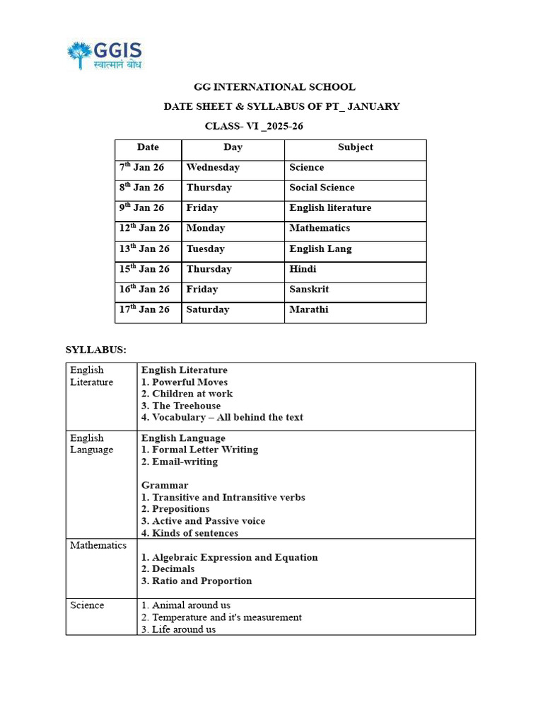 GG International School Class VI Syllabus | PDF