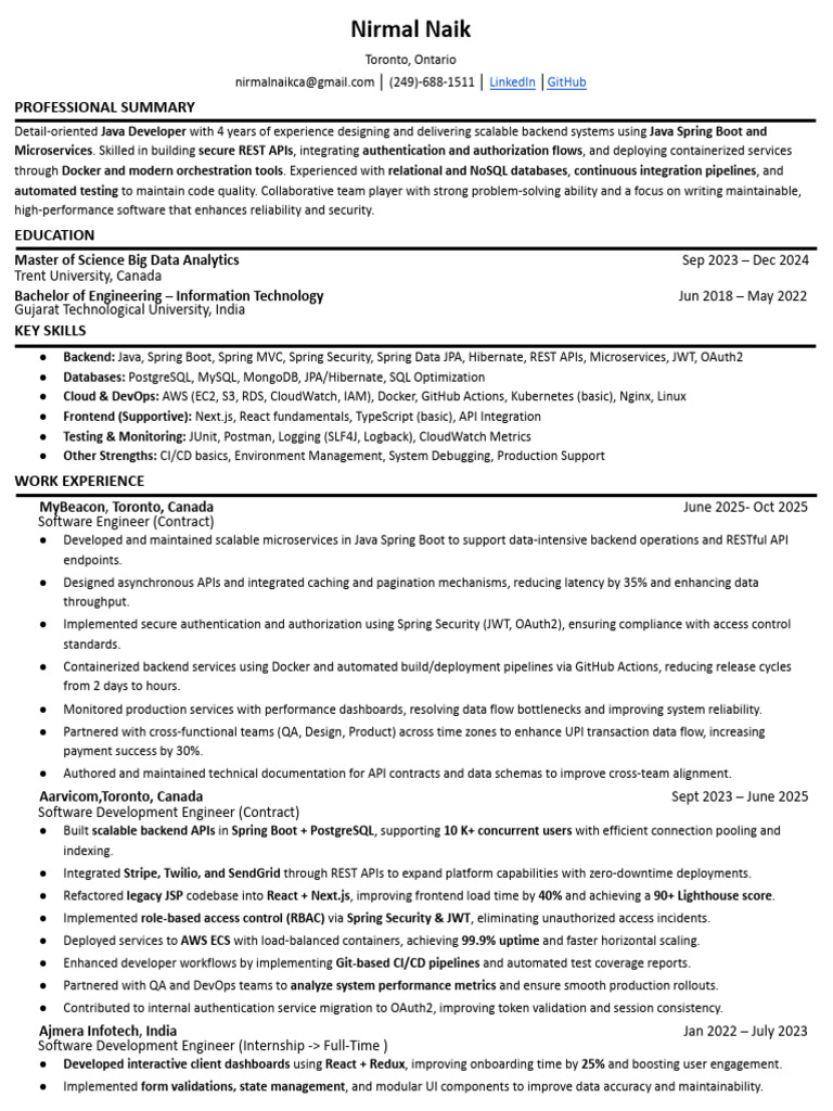 Java Developer Resume - Nirmal Naik | PDF | Amazon Web Services | My Sql