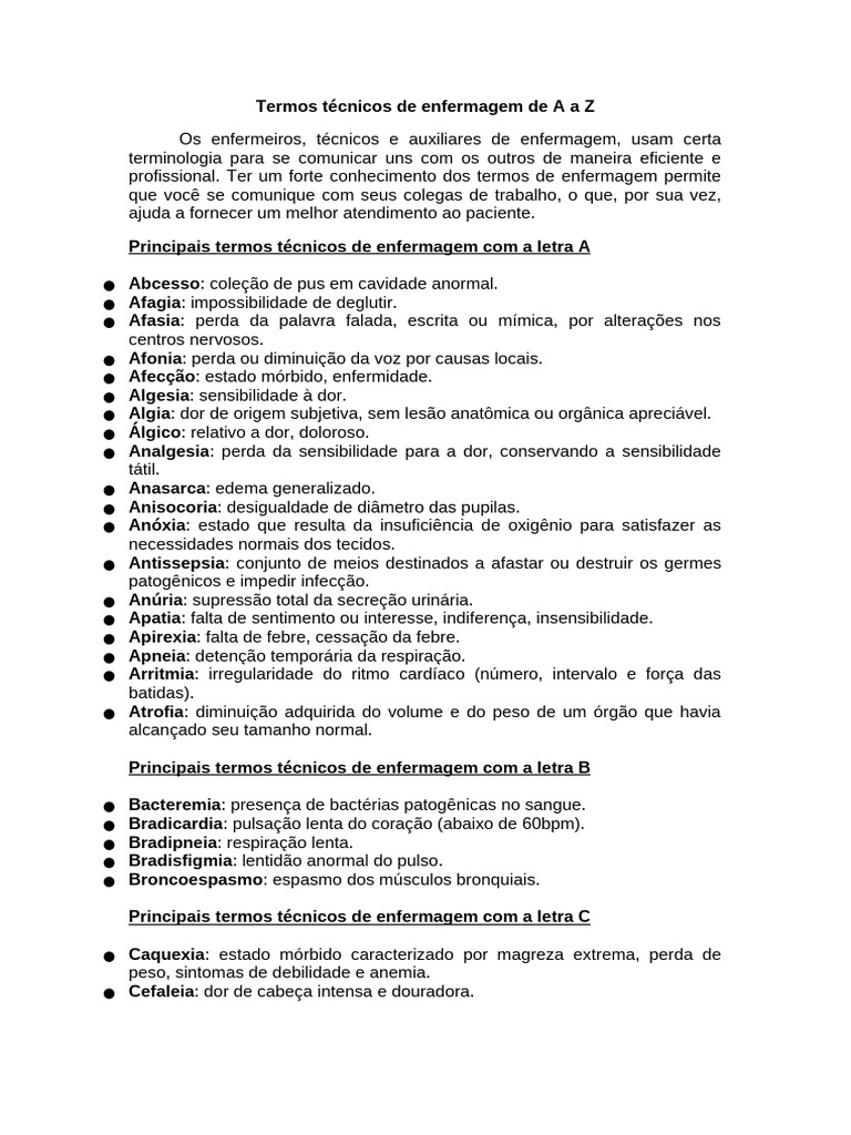 Termos Técnicos de Enfermagem A-Z | PDF | Sangue | Dor