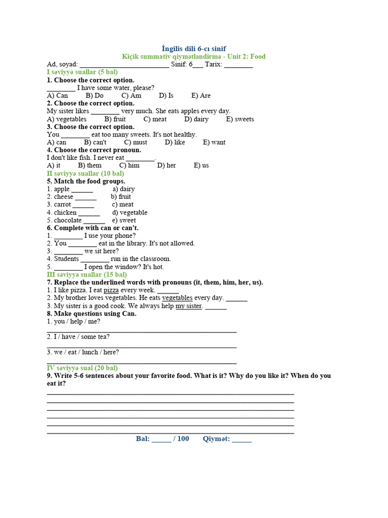 6th Grade English Assessment: Food Unit | PDF