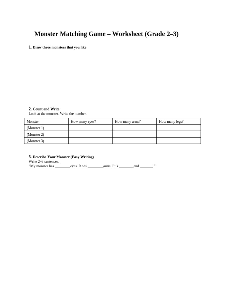 Monster Matching Game Worksheet for Kids | PDF