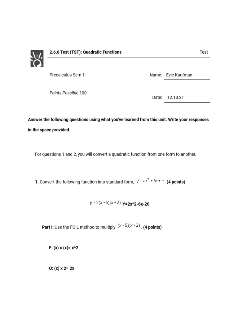 2.6.6 Test TST Quadratic Functions.pdf | PDF | Quadratic Equation | Area