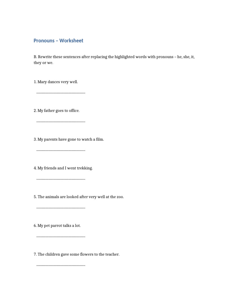 Pronouns Worksheet for Students | PDF