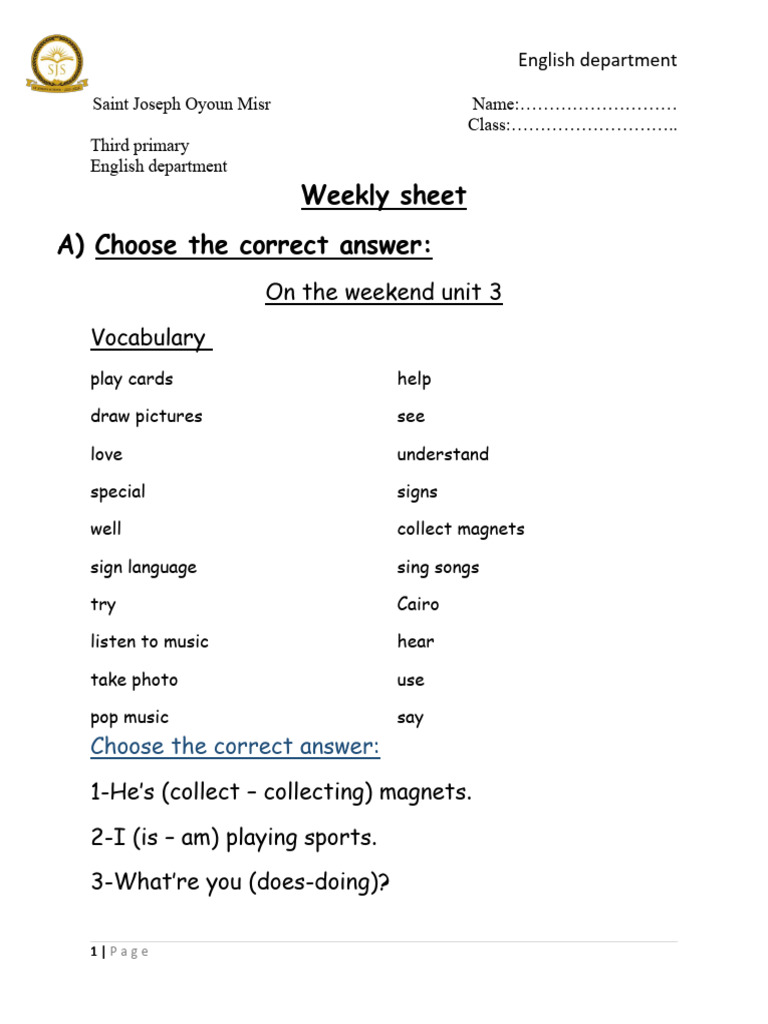 Weekly English Practice Sheet for Kids | PDF | Track And Field