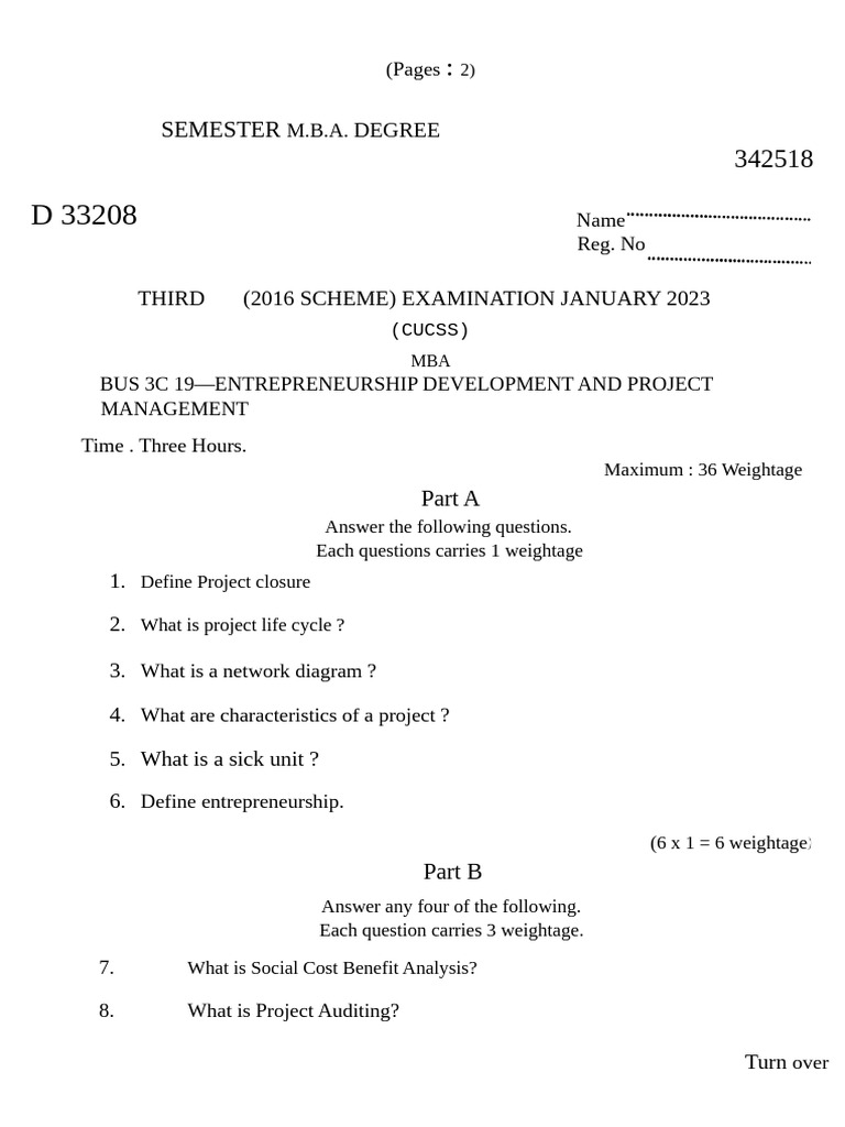 MBA Entrepreneurship & Project Management Exam Guide | PDF ...